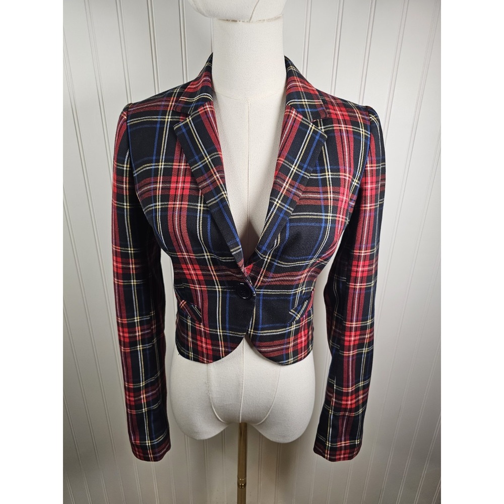 H&M Tartan Plaid Cropped Lined Blazer Women's Size 4 Preppy Academia Holiday - Picture 2 of 7